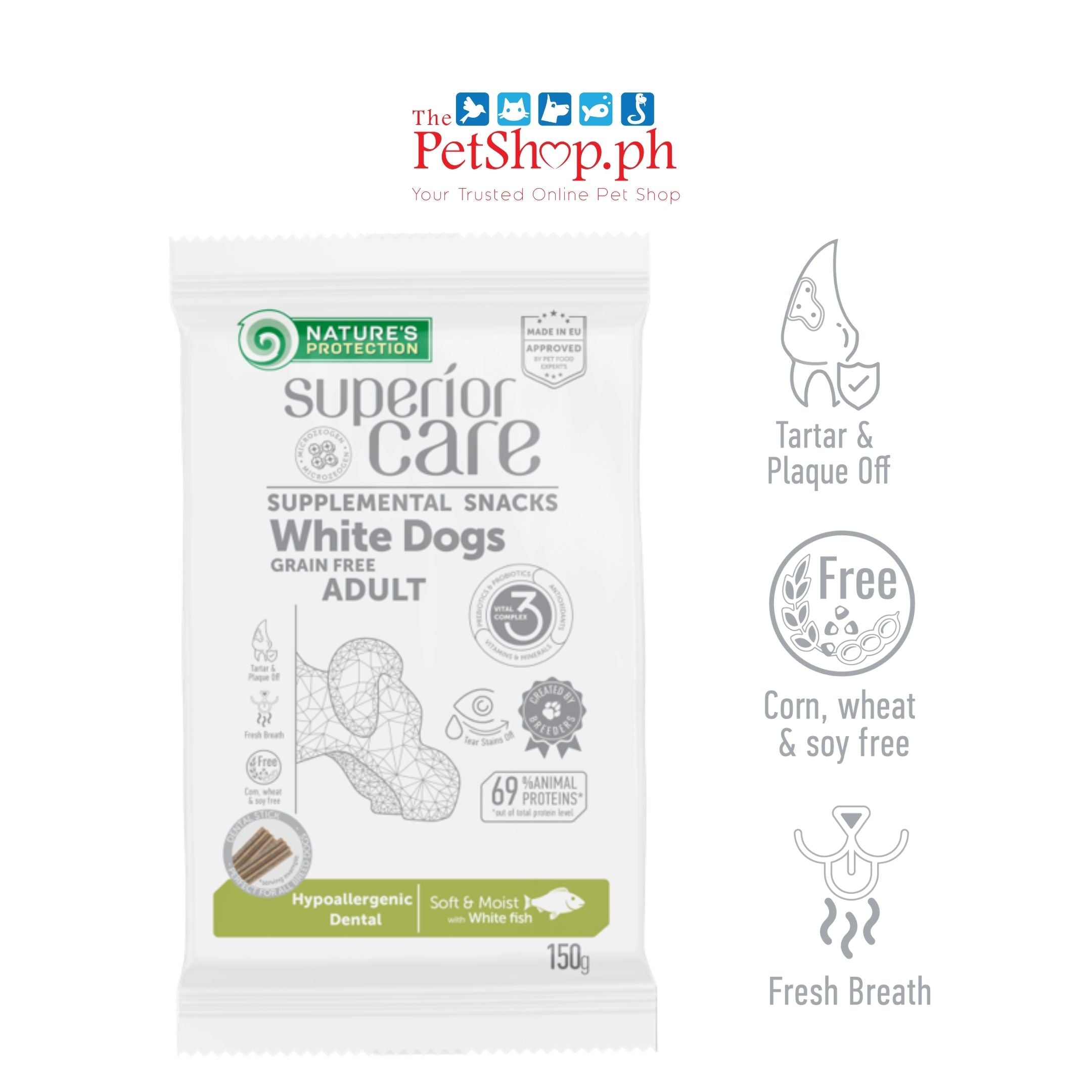 Nature's Protection Superior Care Supplemental Snacks for White Dogs - Hypoallergenic Dental with White Fish 150g