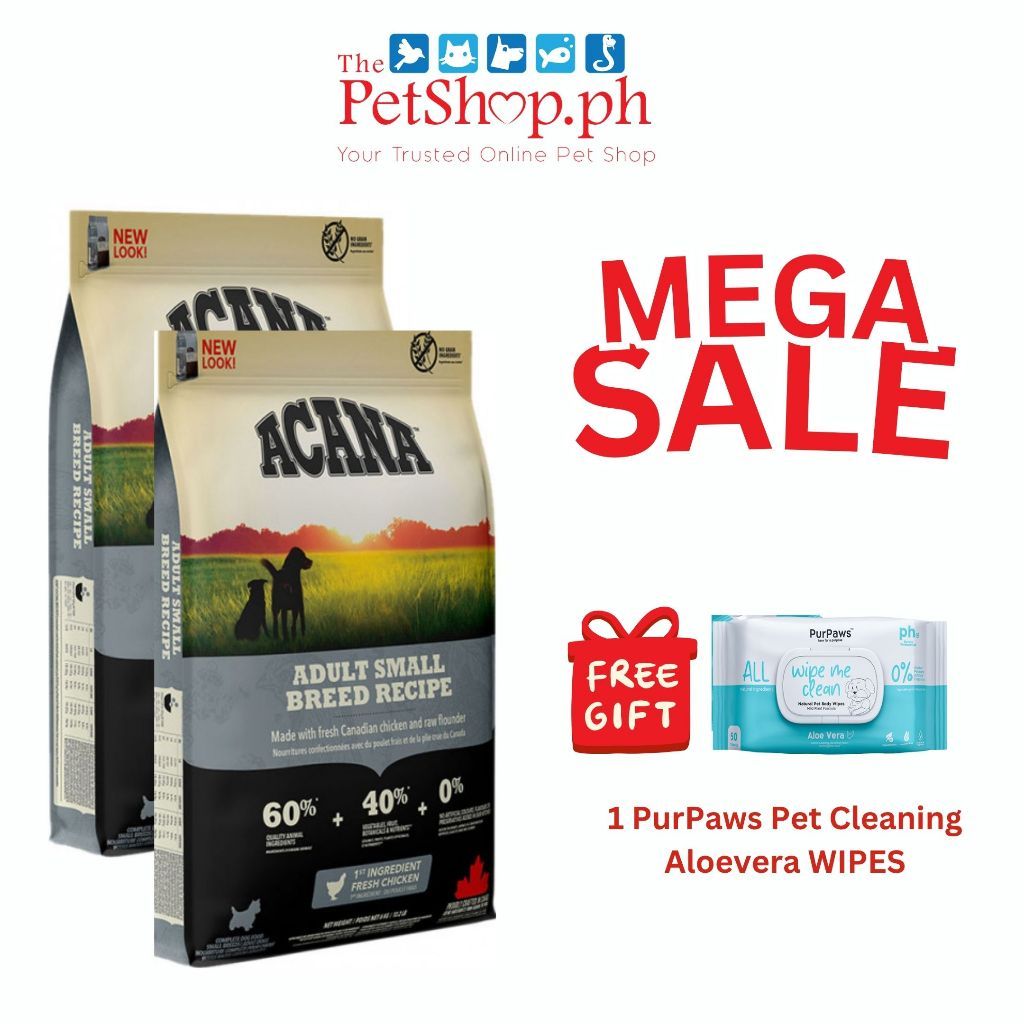 Acana Adult Small Breed 12kg ( 2 bags of 6kg) - FREE 1 PurPaws Aloevera WIPES 50pcs
