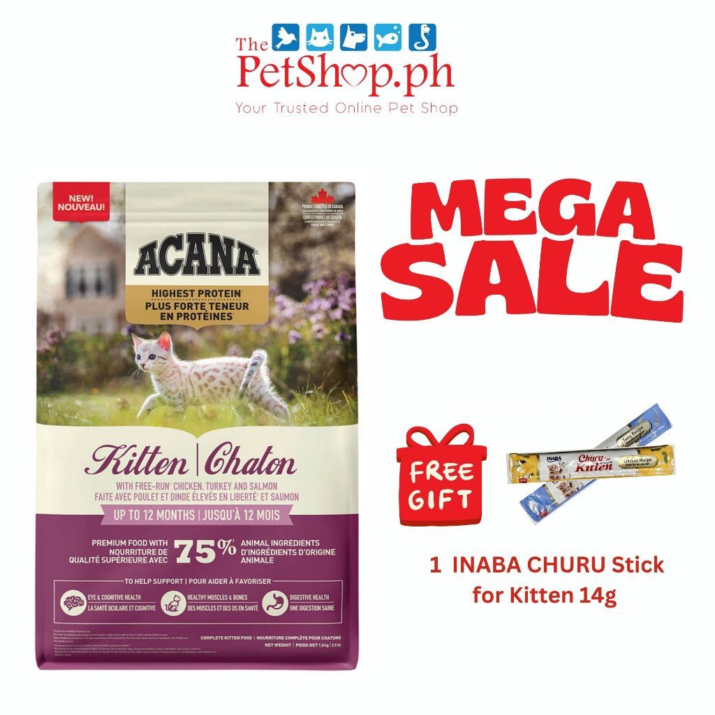 Acana Highest Protein, Kitten Recipe 1.8kg ((FREE 1 INABA CHURO Kitten Stick 14g)